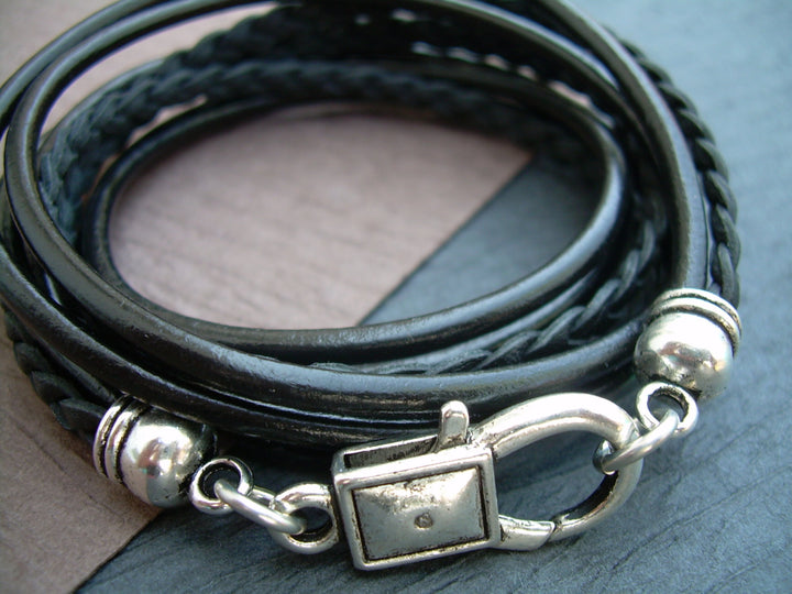 Leather Bracelet, Triple Wrap, Unisex, Mens, Womens, Black and Antique Silver, Mens jewelry, Mens Bracelet, Womens Jewelry, Womens Bracelet - Urban Survival Gear USA