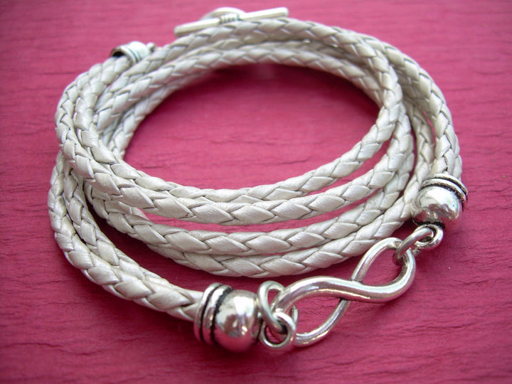 White Leather Infinity Bracelet, Infinity Bracelet, Metallic Pearl, Toggle Closure, Triple Wrap, Womens Bracelet, Infinity, Womens Jewelry - Urban Survival Gear USA