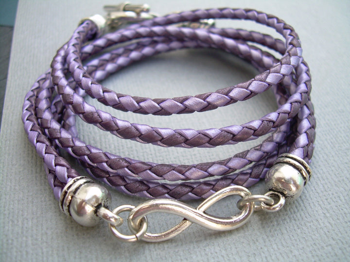 Leather Bracelet, Infinity Bracelet, Metallic Purple and Lavander, Braided,Triple Wrap, Womens Bracelet, Womens Gift, Womens Jewelry - Urban Survival Gear USA