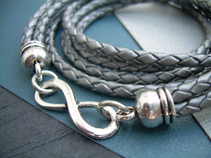 Womens Bracelet, Gray Leather Infinity Bracelet, Metallic Gray - Silver, Braided, Triple Wrap,  Womens Jewelry, Womens Gift - Urban Survival Gear USA