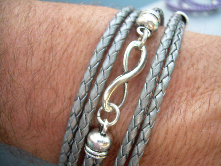 Womens Bracelet, Gray Leather Infinity Bracelet, Metallic Gray - Silver, Braided, Triple Wrap,  Womens Jewelry, Womens Gift - Urban Survival Gear USA