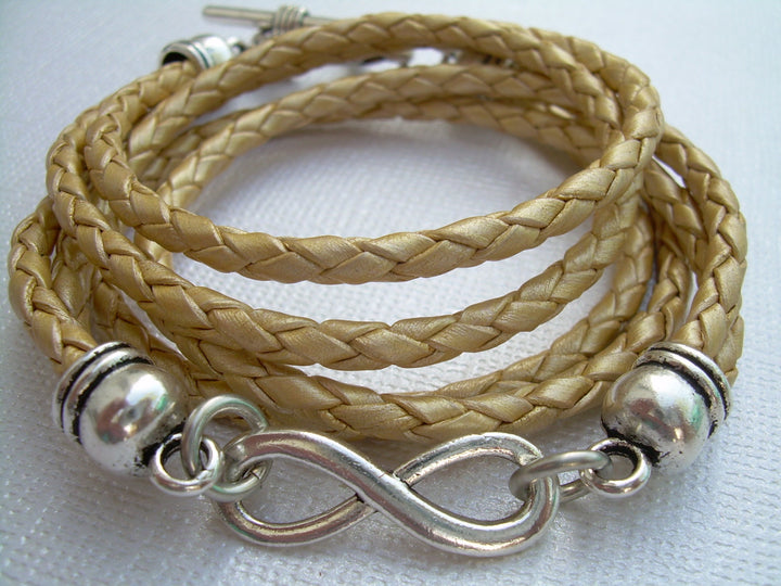 Metallic Gold Leather Infinity Bracelet, Braided, Womens Bracelet, Womens Jewelry, Womens Gift, Gold, Leather Jewelry, Womens - Urban Survival Gear USA