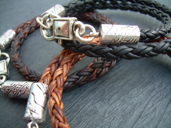 Braided Leather Bracelet,  Mens, Womens,  Unisex ,  Double Wrap, Lobster Clasp, Mens Jewelry, Womens Jewelry, Mens Bracelet, Womens Bracelet - Urban Survival Gear USA