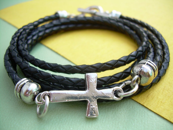 Black Braided Triple Wrap Leather Cross Bracelet with Toggle Clasp - Urban Survival Gear USA