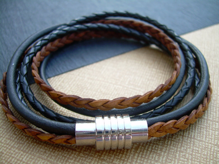 Double Wrap Leather Bracelet with Stainless Steel Magnetic Clasp - Urban Survival Gear USA