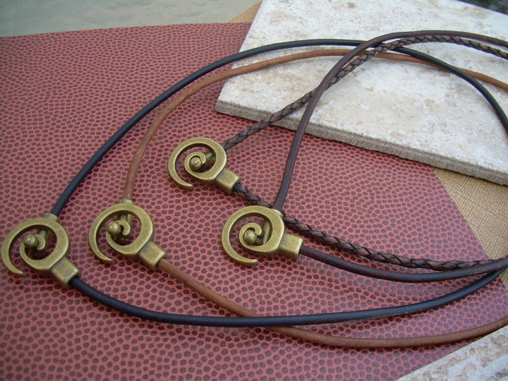 Leather Necklace with Antique Bronze Tribal Spiral Pendant Closure - Urban Survival Gear USA