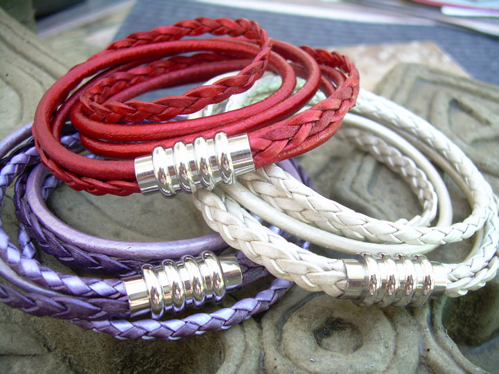 Feminine Womens Leather Bracelet, Stainless Steel Magnetic Clasp, Double Wrap Bracelet,  Triple Strand Bracelet, Mothers Day Gift - Urban Survival Gear USA