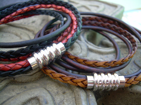 Mens Leather Bracelet, Stainless Steel Magnetic Clasp, Double Wrap Bra ...