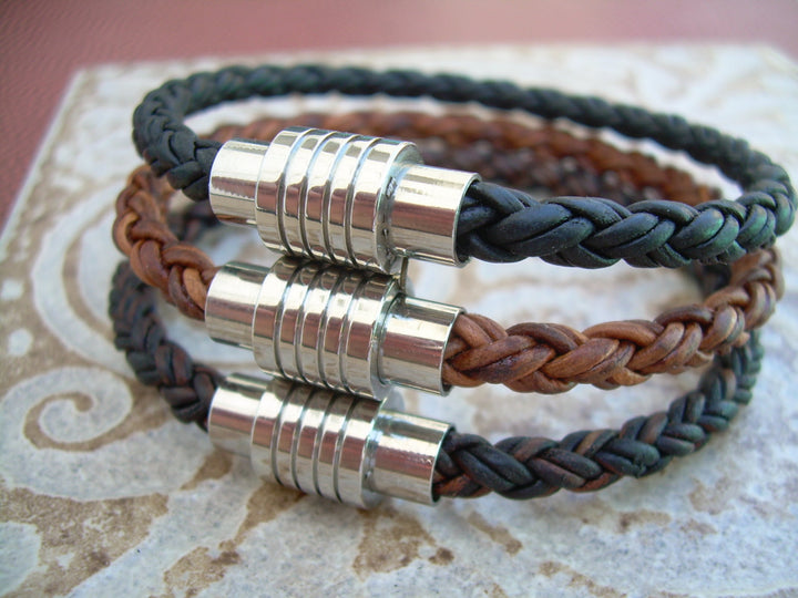 Braided Leather Bracelet with Spiral Ring Stainless Steel Magnetic Clasp - Urban Survival Gear USA