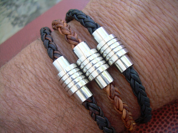 Braided Leather Bracelet with Spiral Ring Stainless Steel Magnetic Clasp - Urban Survival Gear USA
