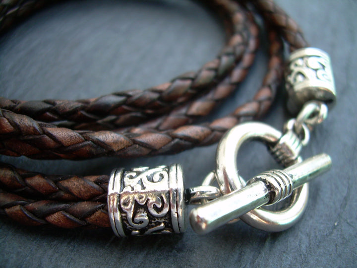 Antique Brown Braid Leather Wrap Cross Bracelet with Toggle Clasp - Urban Survival Gear USA