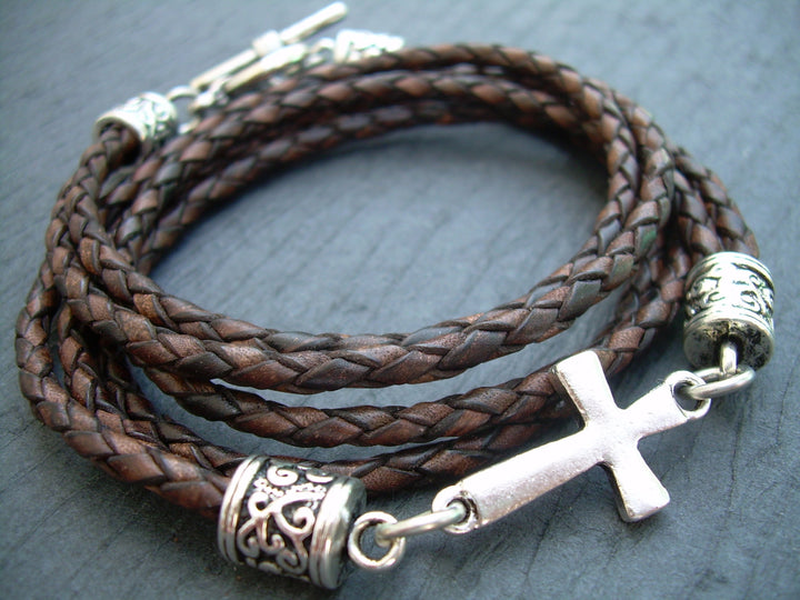 Antique Brown Braid Leather Wrap Cross Bracelet with Toggle Clasp - Urban Survival Gear USA