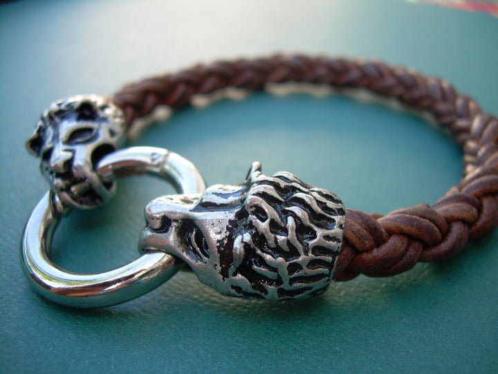 Lions Head Braided Leather Bracelet, Light Antique Brown,  Mens Bracelet, Mens Jewelry, Mens Gift - Urban Survival Gear USA