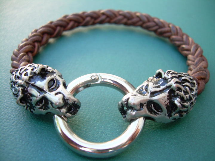 Lions Head Braided Leather Bracelet, Light Antique Brown,  Mens Bracelet, Mens Jewelry, Mens Gift - Urban Survival Gear USA