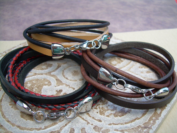 Mens Bracelets, Leather Bracelets for Men, Mens Bracelets Leather, Leather, Leather Bracelet, Stainless Steel and Leather Wrap Bracelet, - Urban Survival Gear USA