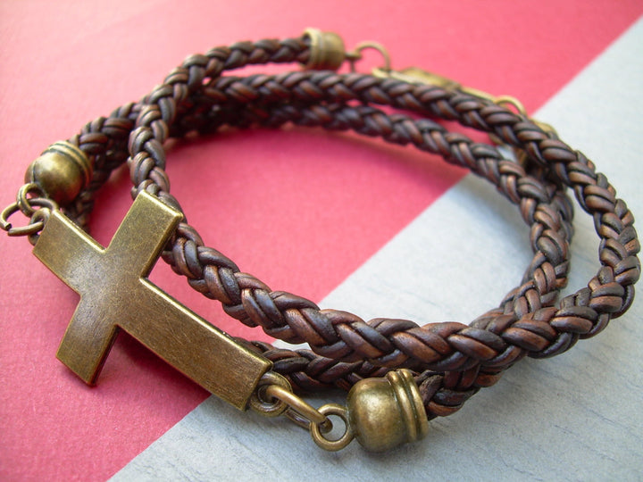 Leather Bracelet, Cross Bracelet, Christain Jewelry for Men, Antique Brown Braided, Triple Wrap, Mens Bracelet, Womens Bracelet - Urban Survival Gear USA