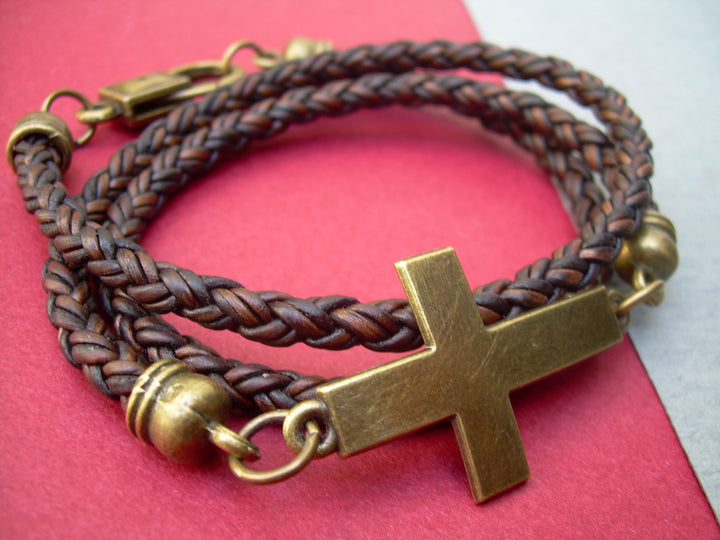 Leather Bracelet, Cross Bracelet, Christain Jewelry for Men, Antique Brown Braided, Triple Wrap, Mens Bracelet, Womens Bracelet - Urban Survival Gear USA