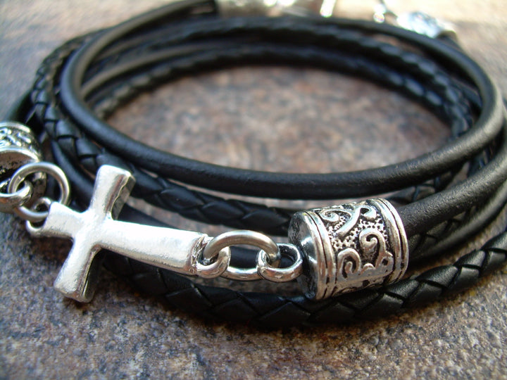 Triple Wrap Double Strand Black Braided Leather Cross Bracelet with Antique Silver Hardware - Urban Survival Gear USA