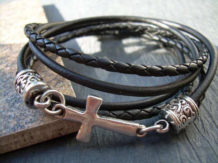 Triple Wrap Double Strand Black Braided Leather Cross Bracelet with Antique Silver Hardware - Urban Survival Gear USA