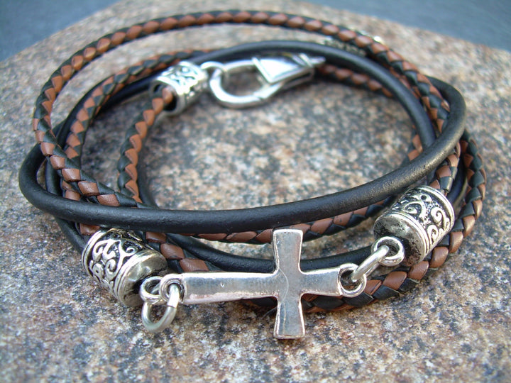 Leather Bracelet, Black and Brown, Cross Bracelet, Cross, Religious Gift, Mens Bracelet, Womens Bracelet, Faith - Urban Survival Gear USA