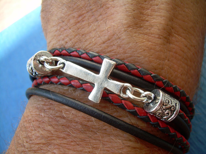 Red and Black Braided Leather Cross Blessing  Bracelet, Cross, Religious Gift, Mens Bracelet, Womens Bracelet, Faith - Urban Survival Gear USA