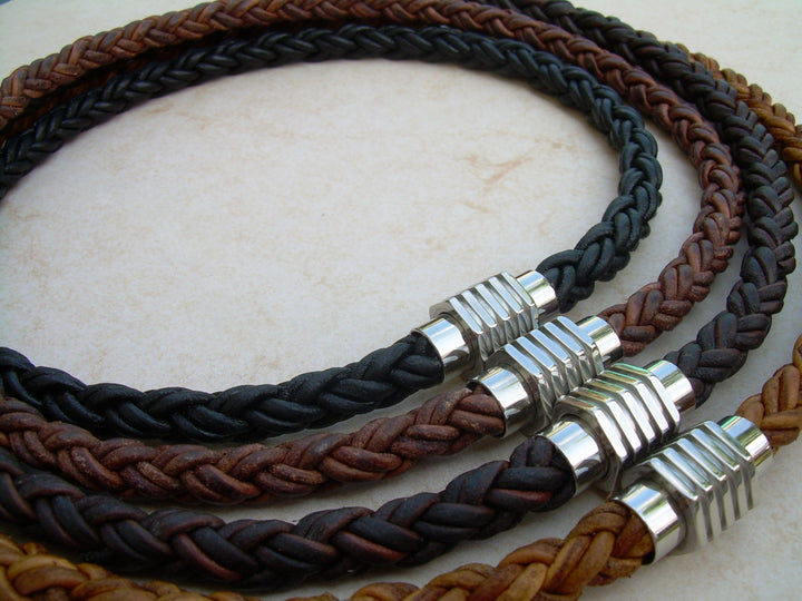 Thick Braided Leather Necklace with Sprocket Style Stainless Steel Magnetic Clasp - Urban Survival Gear USA