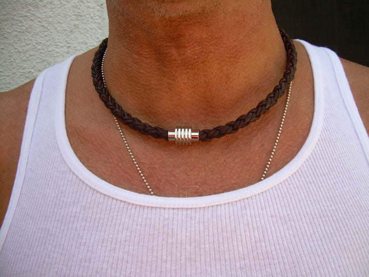 Men's Black Round Braid Leather Necklace 20 Inches