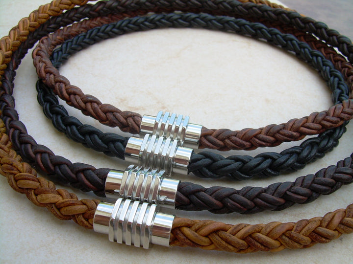 Thick Braided Leather Necklace with Sprocket Style Stainless Steel Magnetic Clasp - Urban Survival Gear USA