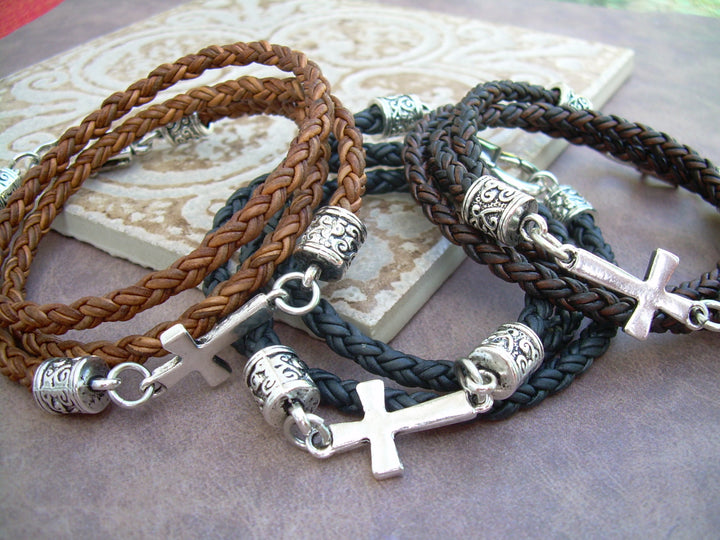 Cross Bracelet Triple Wrap Braided Leather Made in USA