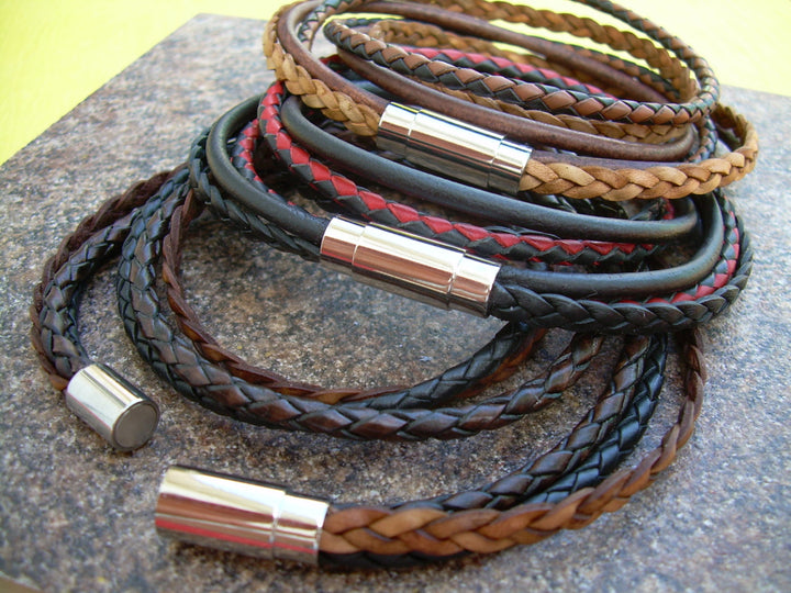 Mens Leather Bracelet, Double Wrap,Stainless Steel Magnetic Clasp, Mens Jewelry, Mens Bracelet - Urban Survival Gear USA