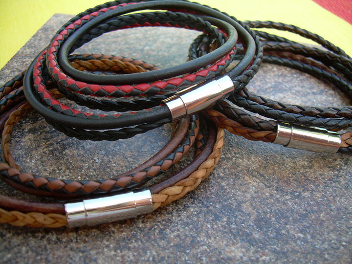 Mens Leather Bracelet, Double Wrap,Stainless Steel Magnetic Clasp, Mens Jewelry, Mens Bracelet - Urban Survival Gear USA