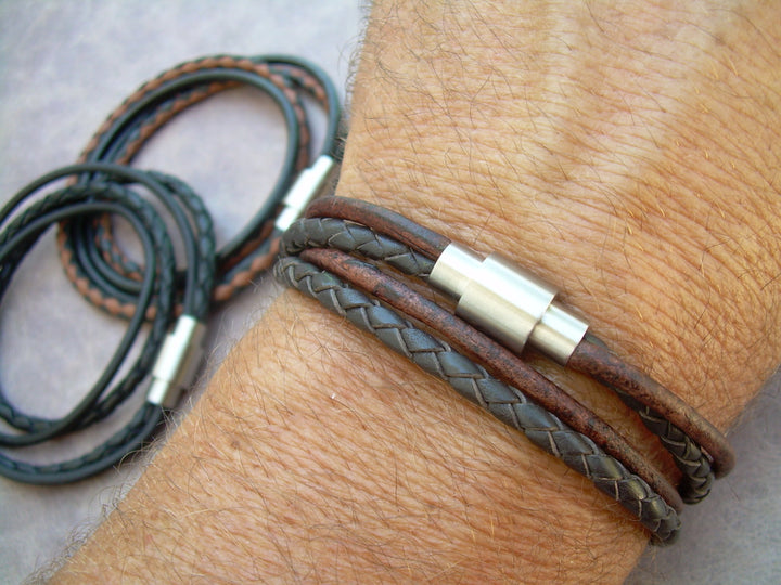 Mens  Leather Bracelet,Stainless Steel Magnetic Clasp,Mens Bracelet, Mens Jewelry, Leather Bracelet - Urban Survival Gear USA