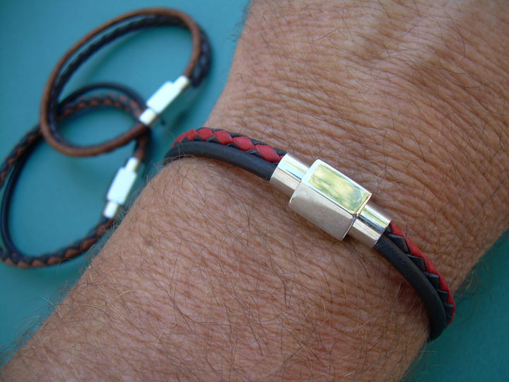 Double Strand Smooth and Braided, Mens Leather Bracelet, Stainless Steel Magnetic Clasp, Mens Jewelry, Mens Bracelet, Mens Gift - Urban Survival Gear USA