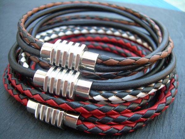 Two Toned Braided Leather Bracelet with Sprocket Style Stainless Steel ...
