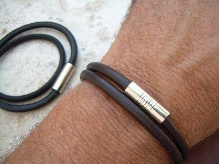 Stitched Nappa Leather Bracelet with Stainless Steel Magnetic Clasp, Mens Leather Bracelet, Mens Bracelet, Mens Jewelry, Mens Gift - Urban Survival Gear USA
