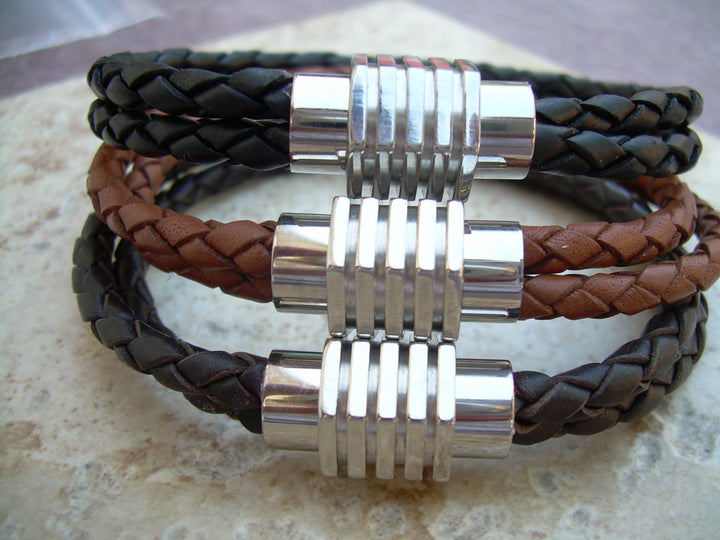 Double Strand Leather Bracelet with Sprocket Style Stainless Steel Magnetic Clasp, Mens Bracelet, Mens Jewelry, Mens Gift - Urban Survival Gear USA