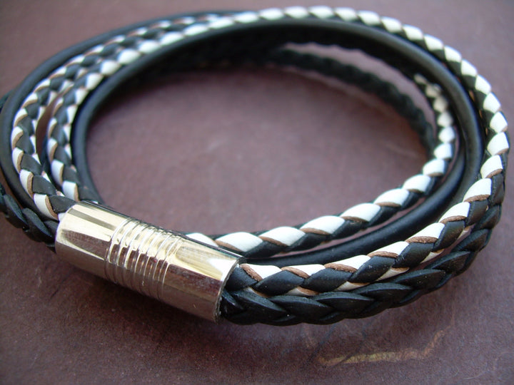 Two Tone Double Wrap Braided Leather Bracelet with Stainless Steel Magnetic Clasp - Urban Survival Gear USA