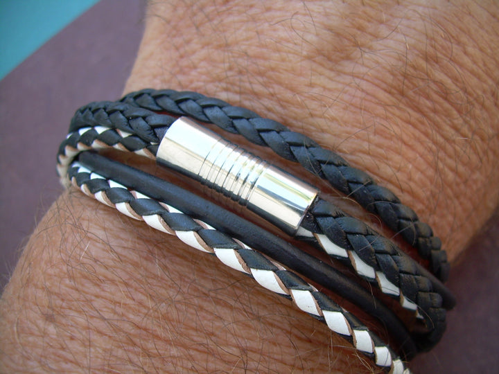 Mens Black and White Triple Strand Double Wrap Leather Bracelet, Stainless Steel Magnetic Clasp, Mens Jewelry, Mens Bracelet - Urban Survival Gear USA