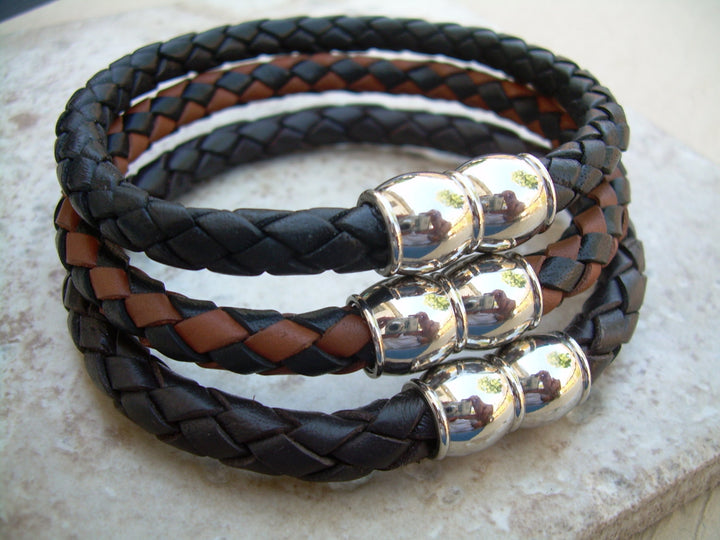 Mens Braided Leather and Stainless Steel Magnetic Clasp Leather Bracelet, Mens Jewelry, Mens Bracelet, Leather Bracelet,Groomsmen, Mens Gift - Urban Survival Gear USA