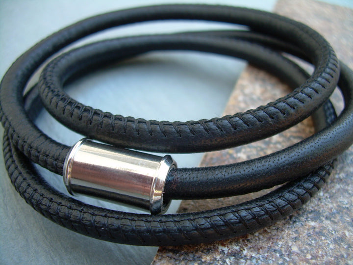 Triple Wrap Stitched Nappa Leather Bracelet with Stainless Steel Magnetic Clasp, Mens Leather Bracelet, Mens Bracelet, Mens Jewelry, - Urban Survival Gear USA