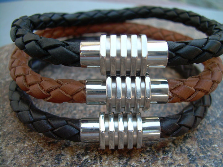 Mens Leather Bracelet with Sprocket Style Stainless Steel Magnetic Clasp, Mens Bracelet, Mens Jewelry, Mens Gift, Groomsmen, Gift for him - Urban Survival Gear USA