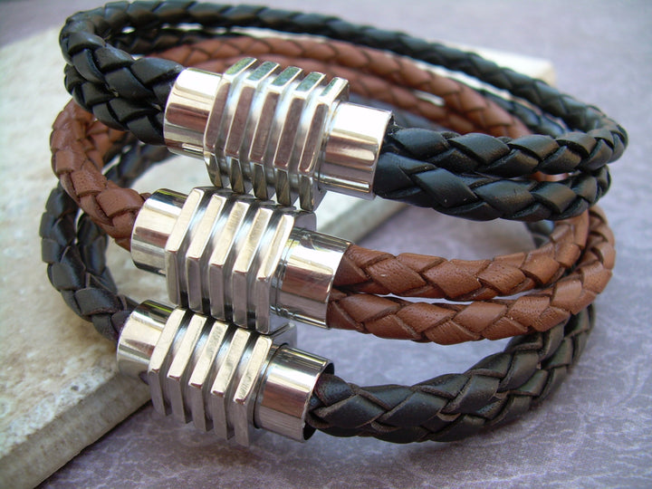 Sprocket Style Stainless Steel Magnetic Clasp Double Strand Leather Bracelet with , Mens Bracelet, Mens Jewelry, Mens Gift - Urban Survival Gear USA