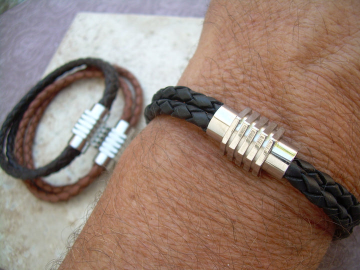 Double Strand Leather Bracelet with Sprocket Style Stainless Steel Magnetic Clasp, Mens Bracelet, Mens Jewelry, Mens Gift - Urban Survival Gear USA