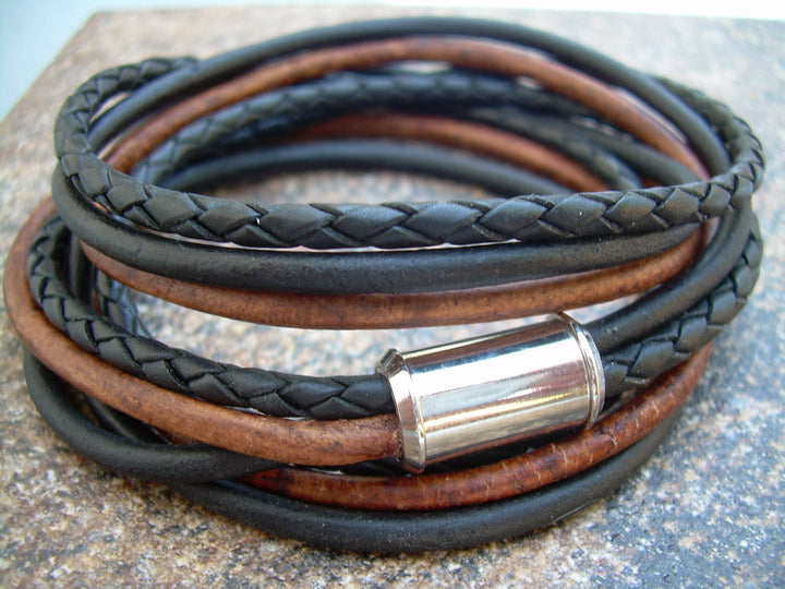 Mens Triple Wrap Leather Bracelet with Stainless Steel Magnetic Clasp, Mens Bracelet, Mens Jewelry, Fathers Day Gift, Groomsmen, Groom - Urban Survival Gear USA