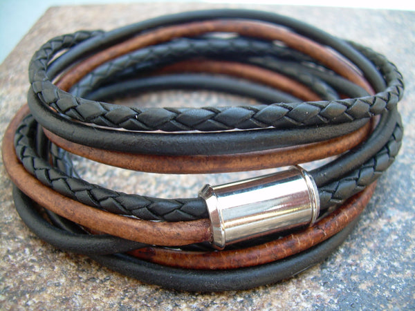 Mens Triple Wrap Leather Bracelet with Stainless Steel Magnetic Clasp ...