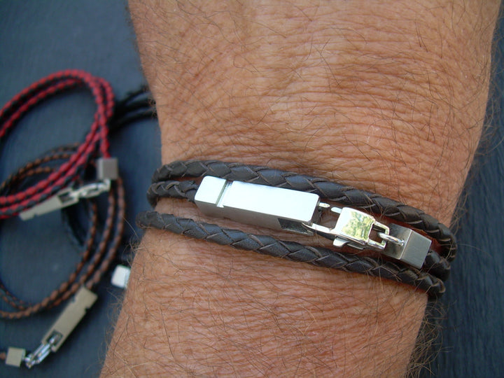 Mens Bracelet, Braided Mens Leather Bracelet, Mens Jewelry, Leather Bracelet, Triple Wrap, Stainless Steel Hardware, - Urban Survival Gear USA