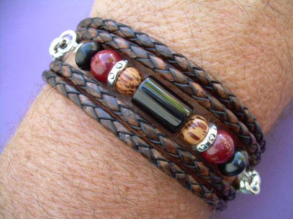 Gemstone and Leather Wrap Bracelet, Antique Brown Braided, Mens Bracelet, Womens Bracelet, Mens Jewelry, Womens Jewelry - Urban Survival Gear USA