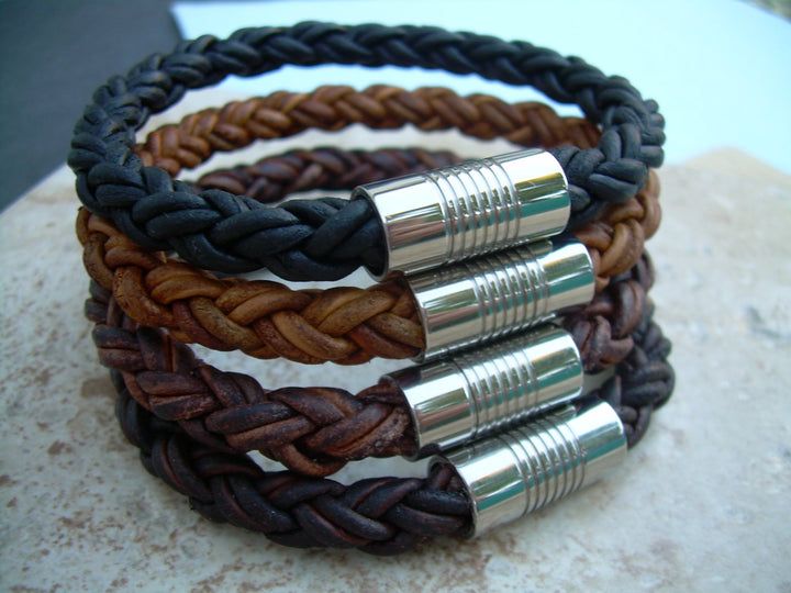 Mens Stainless Steel  Magnetic Clasp Thick Braided Leather Bracelet, Mens Jewelry, Leather Bracelet, Mens Bracelet, Groom, Fathers Day - Urban Survival Gear USA