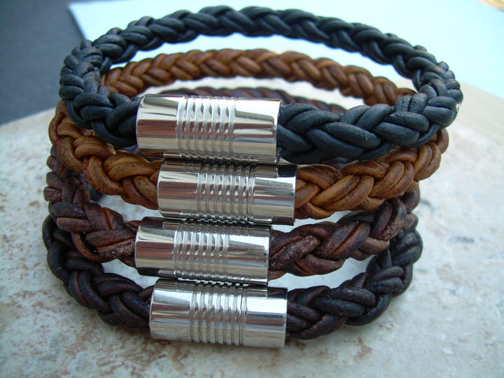 Mens Stainless Steel  Magnetic Clasp Thick Braided Leather Bracelet, Mens Jewelry, Leather Bracelet, Mens Bracelet, Groom, Fathers Day - Urban Survival Gear USA