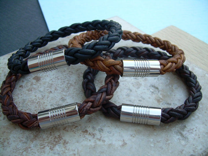 Mens Bracelets, Mens Bracelets Leather, Leather Bracelets, Braided Leather Bracelet, Gift for Him, Men's, Stainless Steel, Magnetic Clasp - Urban Survival Gear USA